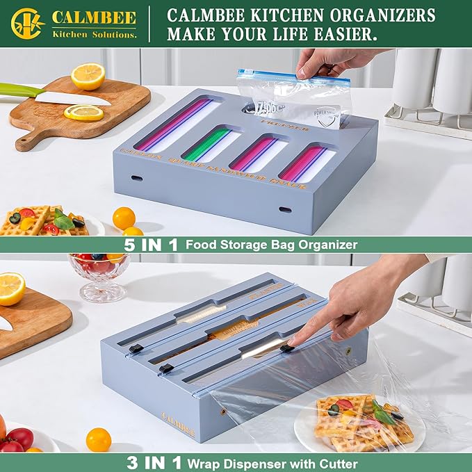Calmbee Storage Bag Organizer, Foil and plastic Wrap Organizer with Cutter, Kitchen Organizers and Storage Compatible with Gallon, Quart, Sandwich, Snack Bags and 12" Aluminum Foil & Wax Paper, Grey