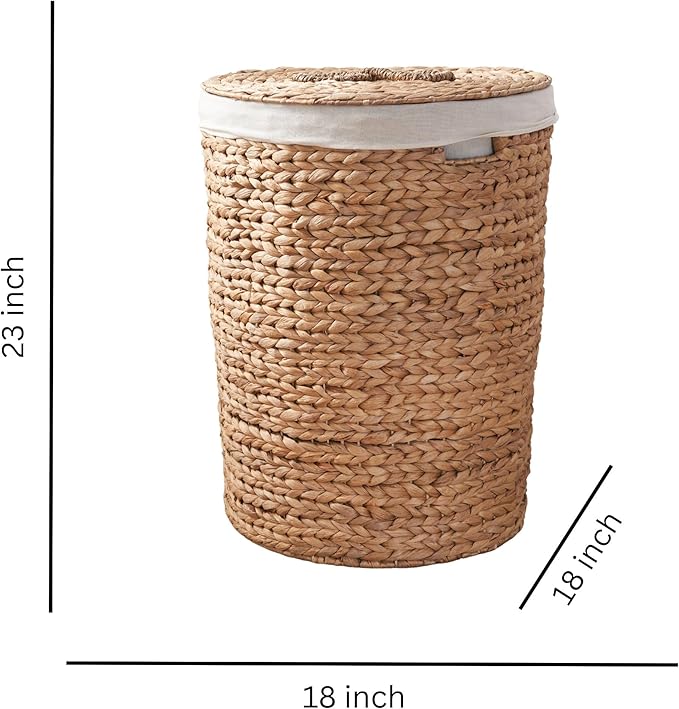 Round Woven Wicker Laundry Hamper with Lid - Large Water Hyacinth Storage Wicker (Natural Brown, 18x18x23 in)