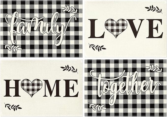 Artoid Mode Love Family Together Home Buffalo Plaid Placemats for Dining Table, 12 x 18 Inch Holiday Vintage Thanksgiving Washable Table Mat Set of 4