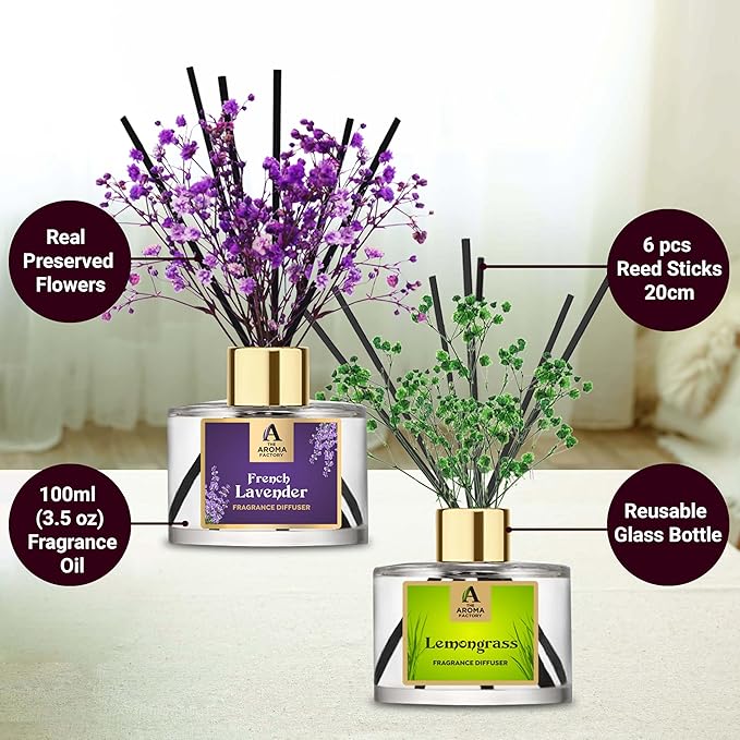 The Aroma Factory Fragrance Reed Diffuser Set with Natural Essential Oil, Aroma Sticks & Real Preserved Flowers | Luxury Home Decor Scent (French Lavender & Lemongrass, 2 Pack)