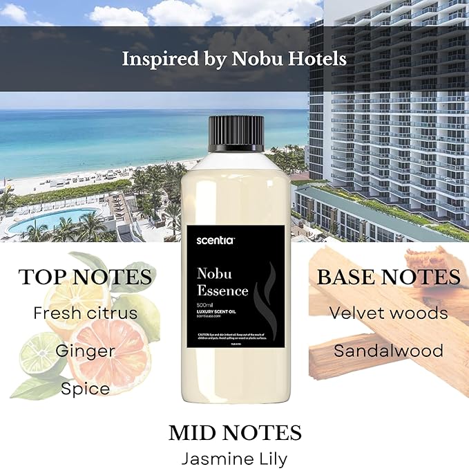 Hotel Diffuser Oil Inspired by The Nobu Hotel Scent - 500 mL 16.9 fl oz - Essential Oil Blend Jasmine, Lilly, Sandalwood & Fresh Citrus for HVAC & Ultrasonic Diffusers - Nobu Essence