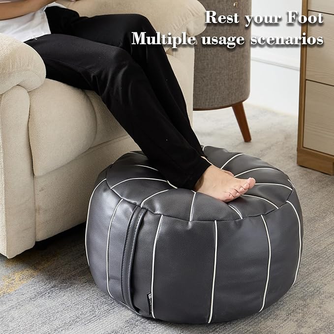 Louis Donné Unstuffed Pouf Ottoman Cover, Faux Leather Foot Stool for Foot Rest, Moroccan Style Pouffe Ottomans, 21" Round Handmade Small Bean Bag Covers for Storage, Footstools for Living Room
