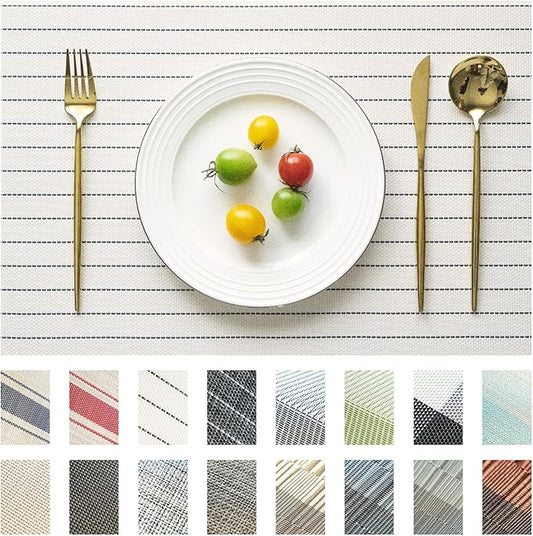 Placemats Set of 12 Vinyl/Plastic Woven Place Mats for Kitchen Table Indoor/Outdoor Washable Placemat Wipeable Dining Table Mats (White Stripes,12)