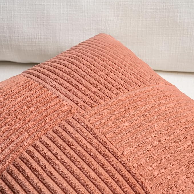 Fancy Homi 2 Packs Coral Big Decorative Throw Pillow Covers 24x24 Inch for Living Room Couch, Rustic Farmhouse Boho Home Decor, Soft Corss Corduroy Patchwork Accent Peach Square Cushion Case 60x60 cm