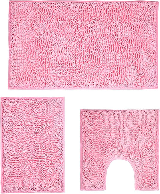Pink Bathroom Rugs Sets 3 Piece Washable, Luxury ，Chenille Bath Mat Set, Soft Plush Anti-Slip Rectangular Bath， Rug Super Absorbent.3 Pieces Bathroom (Pink, 32"x20"+24"x16"+U Shape 20"x20")