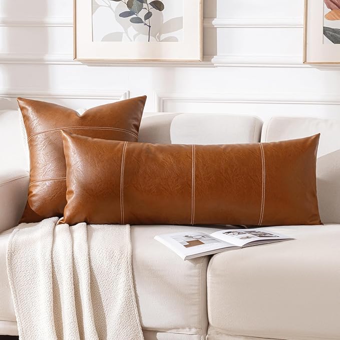 Fancy Homi 2 Packs Brown Boho Long Lumbar Faux Leather Body Decorative Throw Pillow Cover 14x36 Inch for Bedroom Couch Bed Bench, Hand Stitched Stylish Pillowcase, Rustic Modern Farmhouse Room Decor