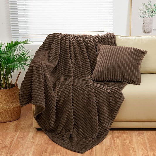 Bnuitland Brown Flannel Throw (50X71 inches) with Pillow Cover(18×18"),300GSM Super Soft Fleece Stripe Pattern Sofa Blanket, Lightweight Cozy Bed Throw for Home Decor All Season