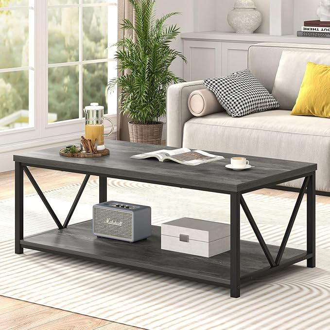 EXCEFUR Coffee Table, Rustic Wood and Metal Living Room Table, Industrial Rectangle Center Table with Storage Shelf, 47 Inch Grey