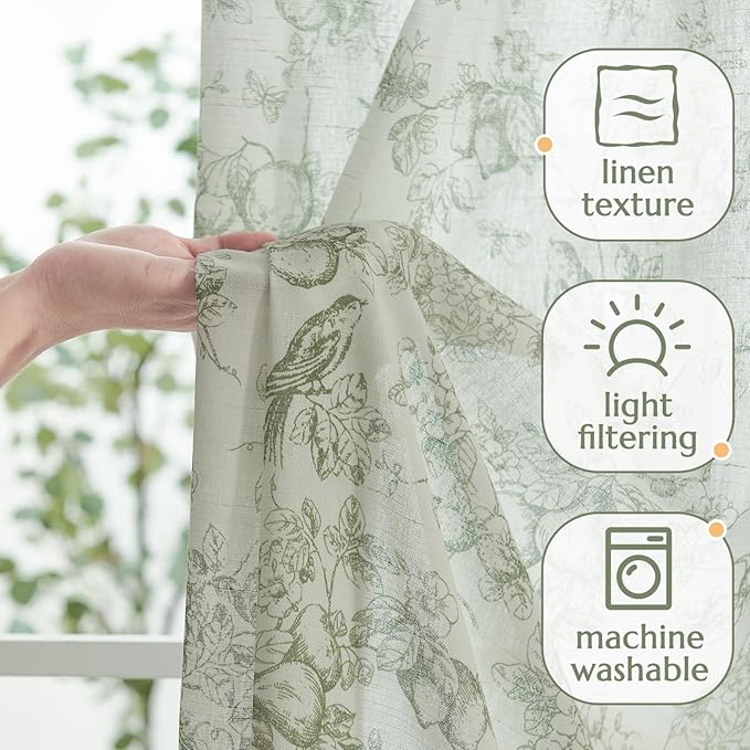 jinchan Linen Floral Curtains for Living Room 96 Inch Long Sage Green Printed Flower French Country Curtain Farmhouse Cottage Core Toile Curtains Back Tab Light Filtering Window Drapes Set 2 Panels