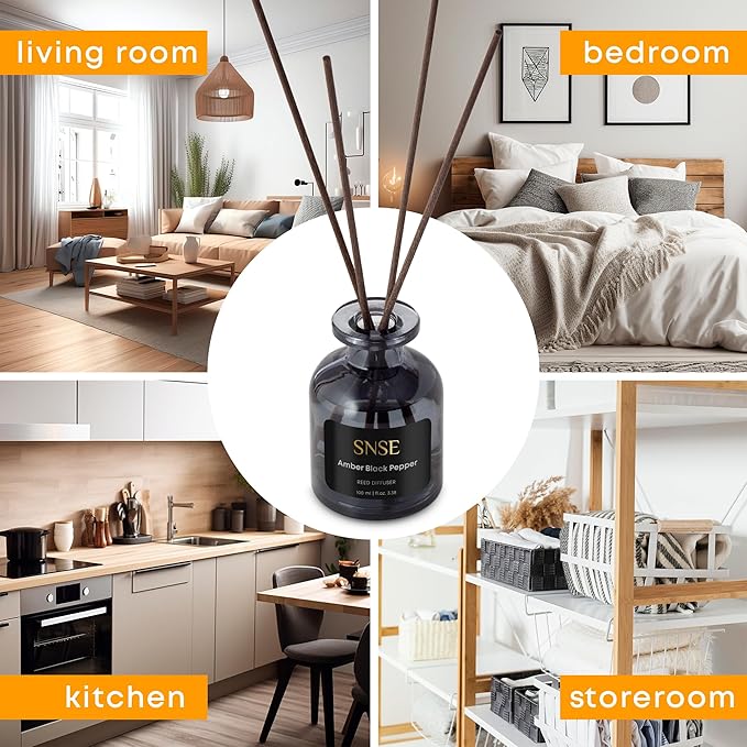 SNSE Amber Black Pepper Reed Diffuser Set | 3.38 oz Scent Fragrance Oil Diffuser for Bedroom, Bathroom, Home Décor and Gift, Decorative Air Fresheners with Sticks