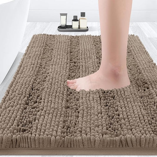 ACCUMTEK Striped Dark Beige Bathroom Rug Mat 36"x24" Ultra Soft, Non Slip Chenille Bath Rugs, Absorbent Plush Shaggy Bath Mats for Bathroom, Bedroom, Kitchen, Shower, Tub,Taupe