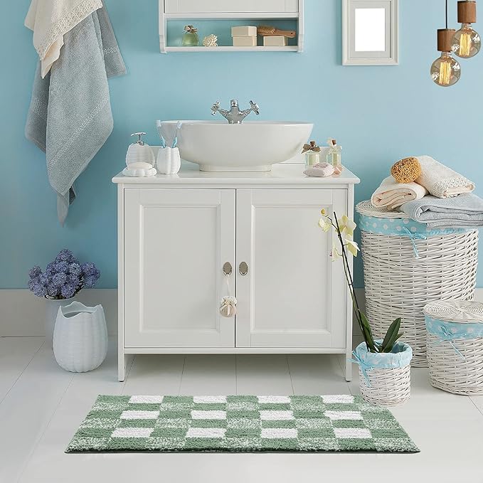 CozeCube Checkered Bath mats for Bathroom Non Slip, Plush Shaggy Bath Rugs for Bathroom Washable, Buffalo Plaid Bath mat, Sage Green, 36" x 24"