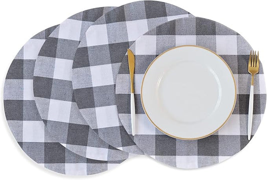 Grey & White Cotton Buffalo Check Round Placemat, Set of 4, 15 Inch eco-Friendly Fabric Handcrafted Machine Washable Indoor & Outdoor Tablemat