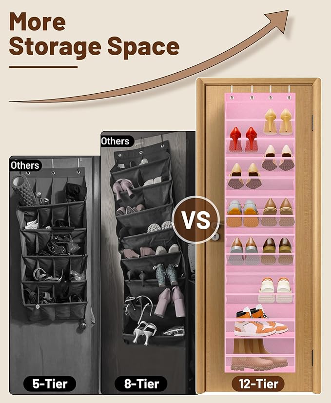 MISSLO 12 Tier Over the Door Shoe Organizer Breathable Mesh Hanging Shoe Rack for Closet Storage Shoe Holder for Door Fit 24 Pairs Sandals, Heels, Boots (Pink)