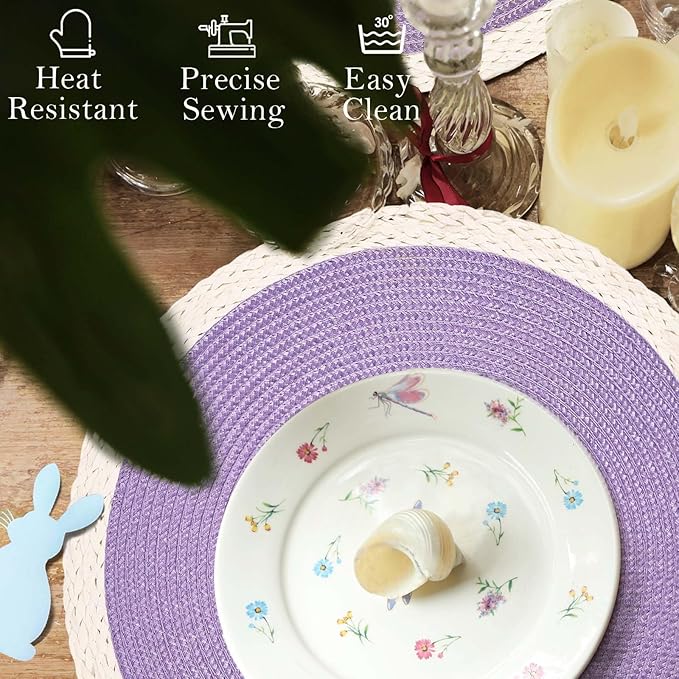 Noctiflorous Round Braided Placemats Set of 4 Table Mats 15 Inches Washable Heat Resistant for Dining Table Non-Slip Indoor Outdoor Place Mats for Easter(02 White Edge Purple 4)