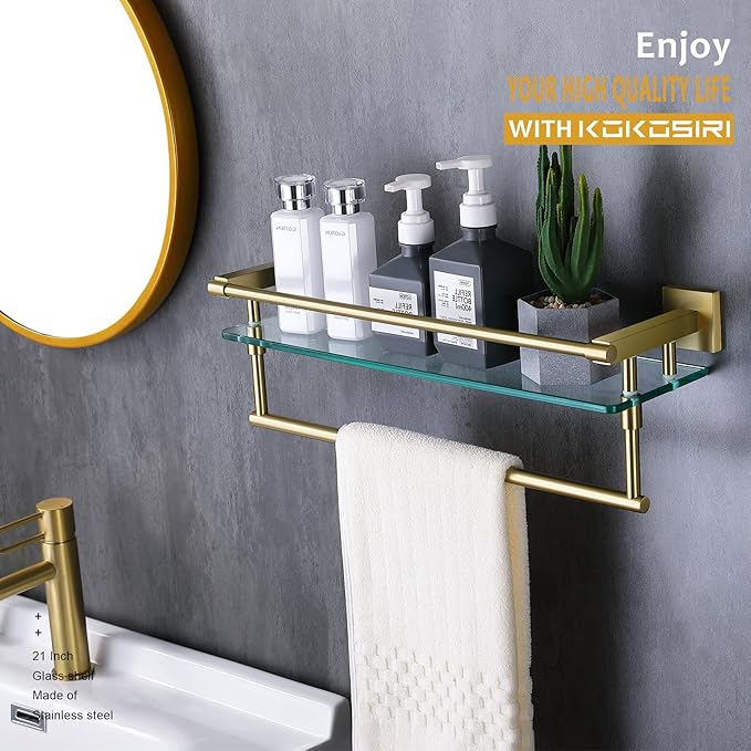 KOKOSIRI Bathroom Shelves with Towel Holder Rustproof 20'' Bathroom Tempered Glass Shelf with Rails Wall Mounted Stainless Steel, Brushed Gold Finish, B1103BG-L20