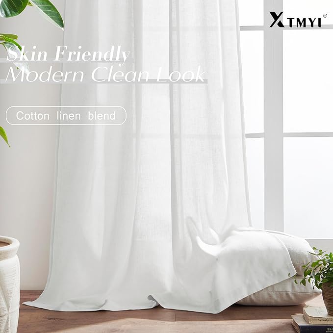 White Linen Curtains 102 Inches Long 2 Panels Back Tab Hook Pleated Rod Pocket Cotton Polyester Blend Light Filtering Semi Sheer Curtain Drapes for Bedroom Living Room,Total 100 In Wide 8.5FT Length