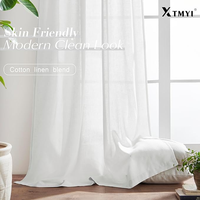 XTMYI 86 Inches Long Back Tab/Hook Belt Linen Cotton Sheer Curtains for Bedroom Living Room,2 Panels,40 Inch Wide,White
