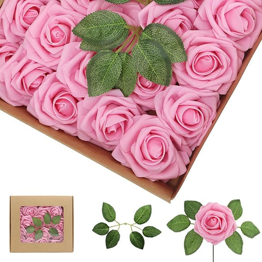 Artificial Flowers Dark Pink Roses 100PCS Real Looking Foam Fake Roses with Leaves and for DIY Wedding Bouquets Bridal Shower Centerpieces Party Decorations (Dark Pink, 100)
