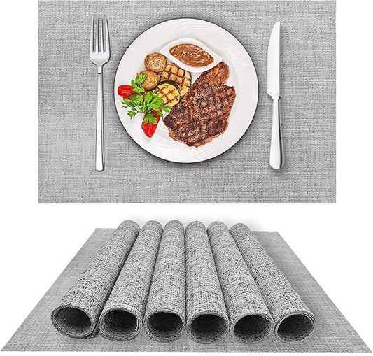 DACHUI Placemats Set of 4, Linen Look Woven Place Mats, Water Resistant, Heat Resistant, Washable, Durable Table Mats (Light Grey)