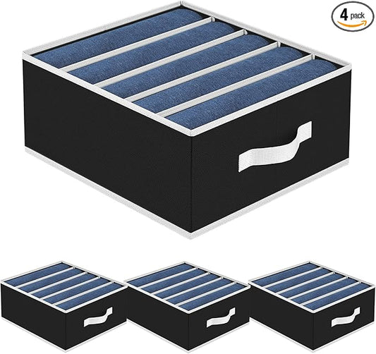 Jeans Organizer - Wardrobe Clothes Organizer with 5 Cells, Closet Organizers and Storage for Jeans, Sweater, Pants Organizers for Closet, Shelves, 4 Pack (Black)
