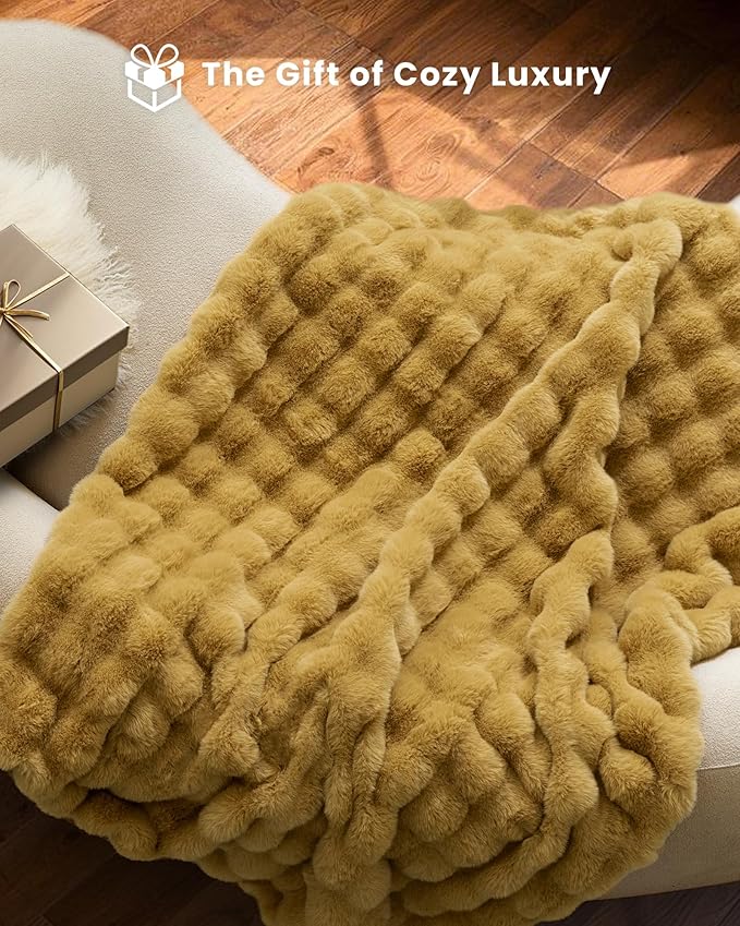 Ultra Soft Cozy Faux Fur Throw Blanket, Fuzzy Plush Thick Bubble Blanket, Oversize Luxury Fluffy Blanket for Couch, Sofa, Bedroom, and Living Room, Gifts for Women and Girls, 50x60 Inches, Dark Yellow