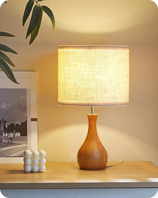 Small Table Lamp, Wood Desk Lamp with Bottle-Shaped Base and Linen Lampshade, Bedside Lamp with Cable, E26 Base, Bulb Not Included, for Living Room, Bedroom, Beige and Dark Natural LE09TL05
