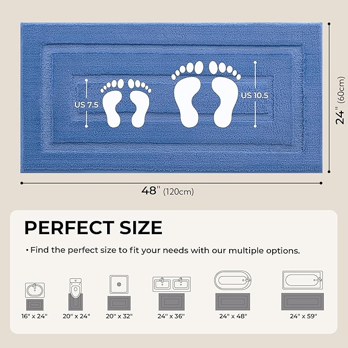 GRANNY SAYS Blue Bathroom Rugs Non Slip, 24" x 48", Large Bathroom Rugs Washable, Bath Rugs for Bath, Absorbent Bath Mats for Floor, Absorbent Shower Rug, Microfiber Bath Mat for Tub