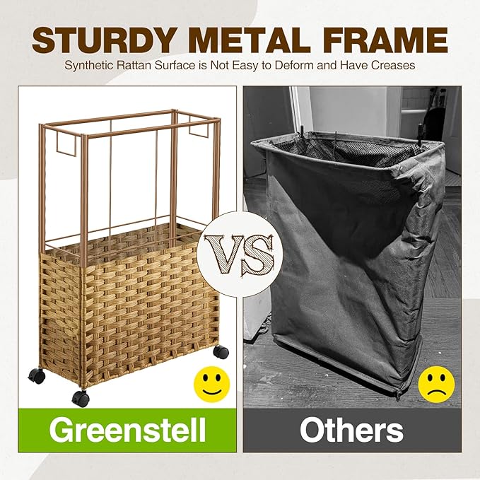 Greenstell Laundry Hamper with Wheels & Handles, 26.4 Gallon (100L) Slim Laundry Basket with 2 Removable Liner Bags & 2 Mesh Bags, Foldable Narrow Clothes Hamper for Bedroom, Bathroom, Closet, Natural