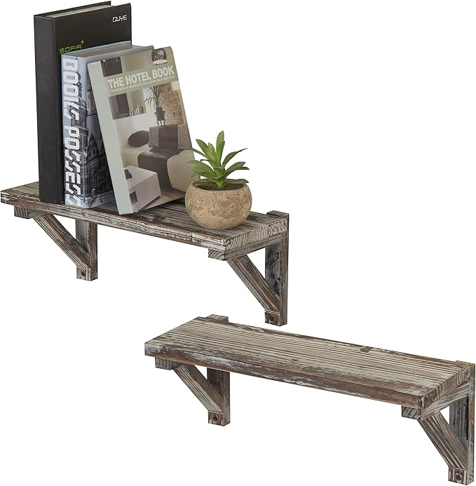 MyGift Wall Mounted Floating Shelves - 16.5 InchTorched Wood Decorative Shelf with Wooden Brackets, Set of 2