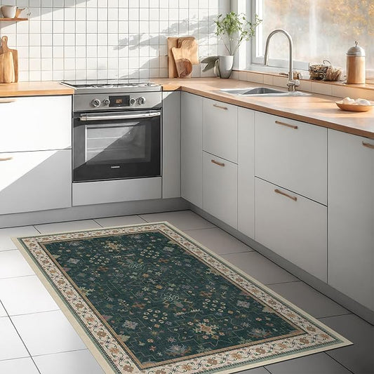 Dark Green Oushak 3x6 Kitchen Rug - Modern Vintage Boho Floral Moody, Washable Low Pile Non-Slip Area Rugs for Large Entryway, Door Mat Indoor Entrance, Kitchen, Bedroom Beside Bed