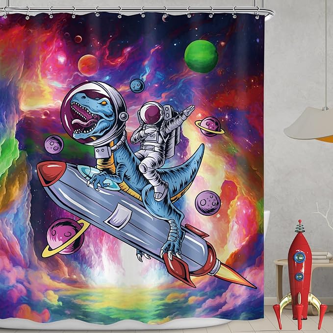 LGhtyro Funny Dinosaur Shower Curtain Bathroom Set 60Wx71H Inches Astronaut Dino Kids Boys Men Cool Universe Planet Galaxy Space Bath Accessories Colorful Cartoon Art Home Decor Fabric 12 Pack Hooks