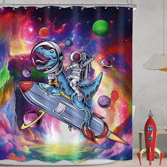LGhtyro Funny Dinosaur Shower Curtain Bathroom Set 60Wx71H Inches Astronaut Dino Kids Boys Men Cool Universe Planet Galaxy Space Bath Accessories Colorful Cartoon Art Home Decor Fabric 12 Pack Hooks