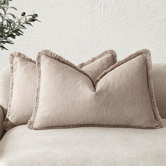 Foindtower Set of 2 Decorative Linen Fringe Lumbar Throw Pillow Covers Farmhouse Cushion Cover with Tassels Accent Pillowcase for Couch Sofa Bed Living Room Home Decor,12×24 Inch,Natural Linen