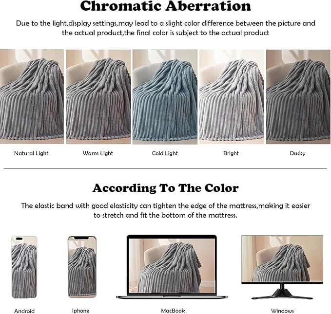 NEWCOSPLAY Super Soft Queen Blanket Light Grey Premium Silky Flannel Fleece 3D Ribbed Jacquard Lightweight Bed Blanket All Season Use (Light Grey Ribbed, Queen(90"x90"))