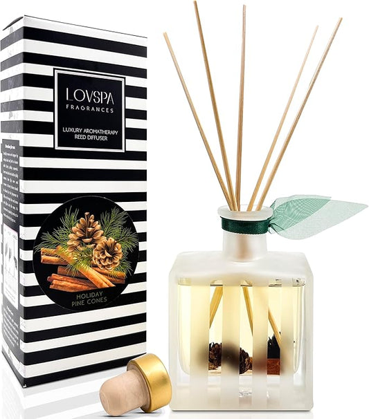 LOVSPA Holiday Cinnamon Pine Cones Reed Diffuser Oil Gift Set | Fir Needles, Cinnamon Sticks, Clove Buds, Sandalwood & Cedarwood | Winter Scent | Modern Striped Glass Bottle | Made in The USA