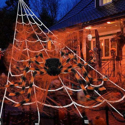Halloween Spider Web and Giant Spiders Decorations Set Triangle Spider Web & Realistic Scary Fake Large Hairy Yellow Spider Props for Indoor/Outdoor Porch & Yard Parties Haunted House Halloween Décor