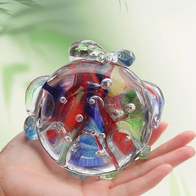 Hand Blown Glass Octopus Figurine with Iridescent Tentacles & Polished Crystal Base, Sea Life Figurines for Decorating Fish Tank Aquariums, Glass Paperweight (Multicolor)