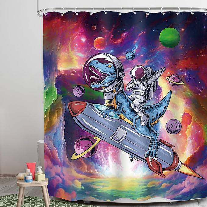 LGhtyro Funny Dinosaur Shower Curtain Bathroom Set 60Wx71H Inches Astronaut Dino Kids Boys Men Cool Universe Planet Galaxy Space Bath Accessories Colorful Cartoon Art Home Decor Fabric 12 Pack Hooks