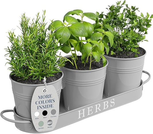Barnyard Designs Indoor Herb Garden Planter Set with Tray, Metal Windowsill Plant Pots with Drainage for Outdoor or Indoor Plants, Set/3 (Cool Grey)