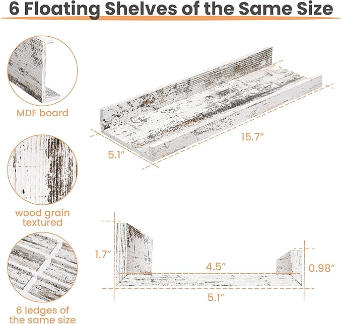 upsimples Floating Shelves for Wall, Wall Shelves for Decor Storage Set of 6, Wall Mounted Wood Shelves for Bedroom, Living Room, Bathroom, Kitchen, Picture Ledge Shelves, Rustic White