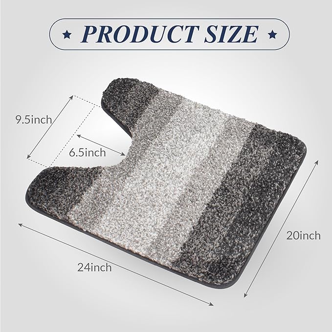 Walensee Contour Rug (20 x 24, Ombre Grey) - Non Slip, Water Absorbent, Soft Microfiber Shaggy Bath Mat, Machine Washable, U Shape Toilet Rug