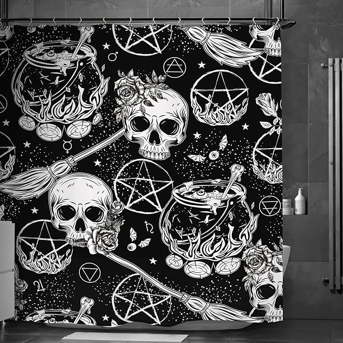 Skull Witch Halloween Shower Curtain 60Wx72L Inch Horror Spooky Scary Magical Mysterious Gothic Black White Holiday Bathroom Set Accessories Decor with 12 Pack Hooks