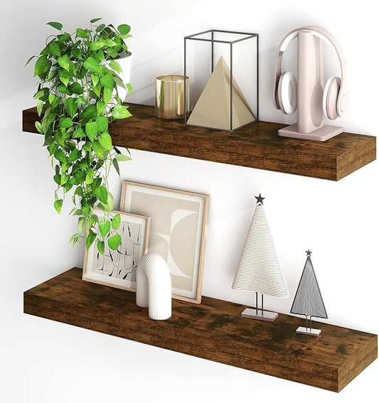 Fun Memories Floating Shelves for Wall, 32Inch Floating Shelves Set of 2, Hanging Shelf with Invisible Brackets, Wood Shelves for Living Room, Bedroom, Kitchen, Brown