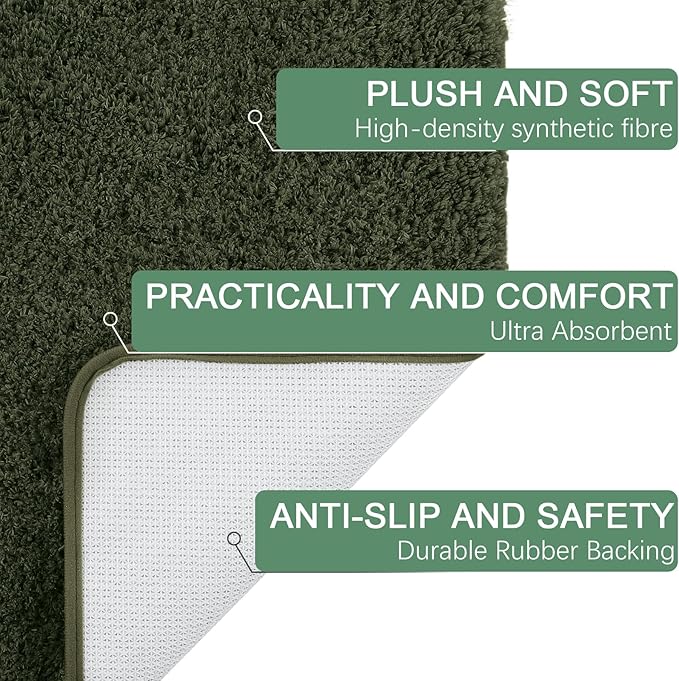 AROGAN Luxury Long Bathroom Runner Rug, 24x72 Inch Thick Soft and Absorbent Non Slip Bath Mat, Rubber Backing Quick Dry Rugs Carpets, Machine Washable Plush Mats for Shower Floor, Olive Green