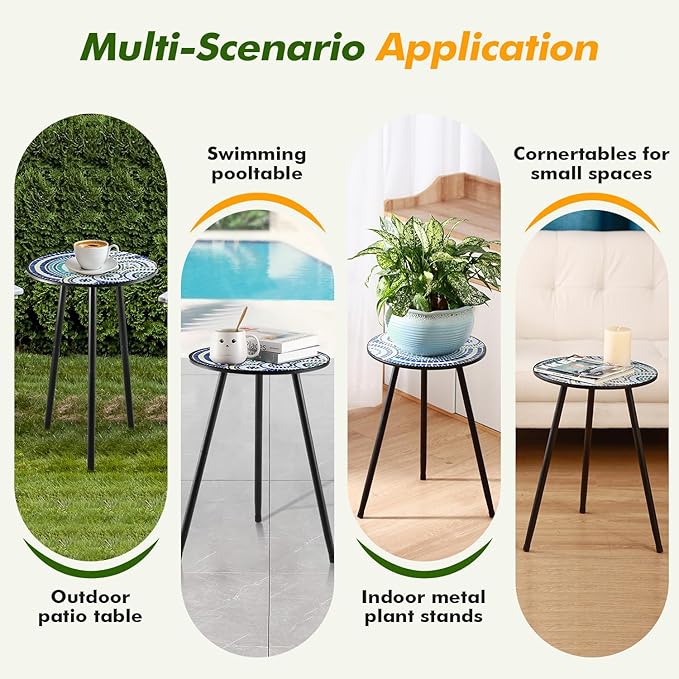 2 Packs Metal Mosaic Round Side Tables 13.4" Small Outdoor Patio Round Accent Coffee Tables Indoor Corner Stand for Small Spaces Weather-Resistant for Balcony, Porch Plant Stands Indoor