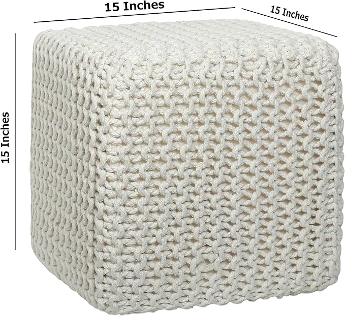 COTTON CRAFT Braided Cube Pouf - Hand Knitted Cotton Cord Cable Dori Ottoman - Foot Stool - Floor Pouf - Footrest - Portable Lightweight Accent Seat - Living Room Bedroom Dorm - 15 x 15 Square - Ivory