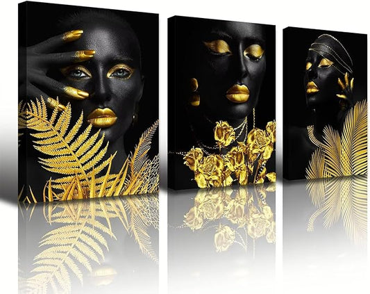 Elegant African American Black Girl Canvas Wall Art - 3Pcs Framed Black & Gold Women Pictures for Living Room, Bathroom & Bedroom Decor - Gold Tropical Botanical Prints for Home Decoration