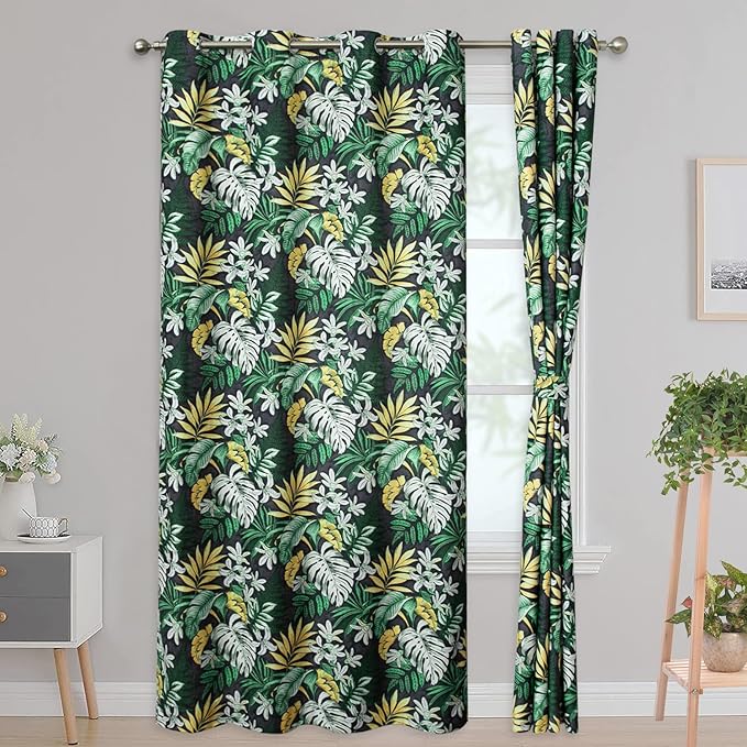 Leeva Black & Green Leaf Print Chenille Curtains 52 x 63 – 2 Panels Light Filtering Farmhouse Window Drapes for Bedroom Living Room