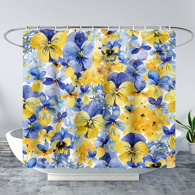 AILONEN Watercolor Flowers Shower Curtain,Purple and Yellow Flowers Theme Waterproof Fabric Shower Curtain for Girls Kids Teens, 36" W*72" H Patchwork Flower Shower Curtain Sets